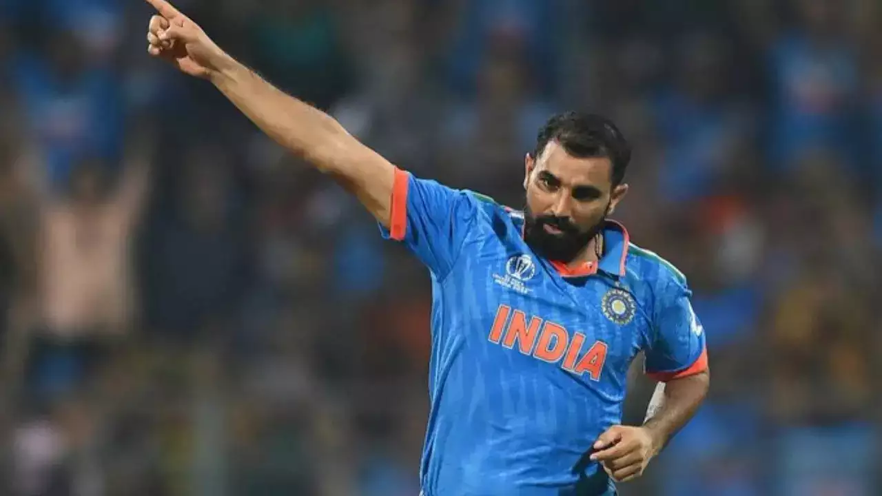 Mohammad Shami celebrated after taking a wicket for his national team.